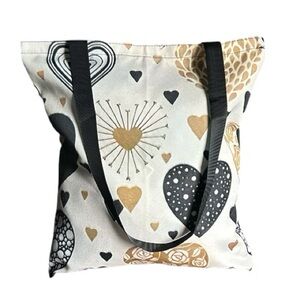 Heart Pattern Tote Bag Black & Gold on Beige Canvas Shopping Bag Everything Bag